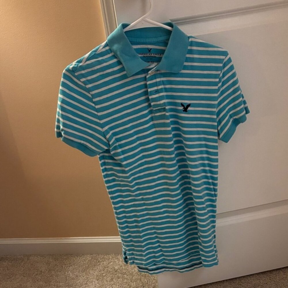 American Eagle Outfitters Aqua and White Striped Polo